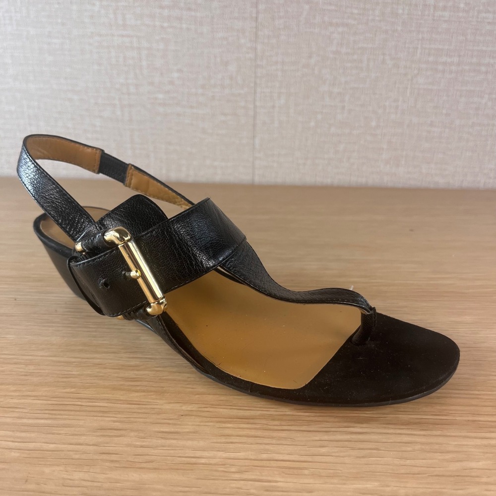 Nine West Womens Black Leather T-Strap Wedge Sandals Gold Buckle Size 7M